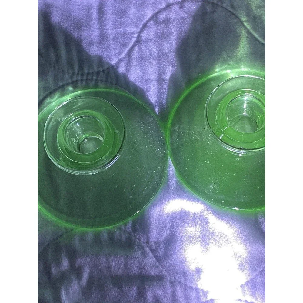 Green Depression Uranium Vaseline Glass Glow Glass 2 Candleholders